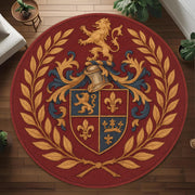 Royal Crest Round Rug: Heraldic Emblem Rug with Medieval Lion and Crown Symbols in Regal Red and Gold Palette