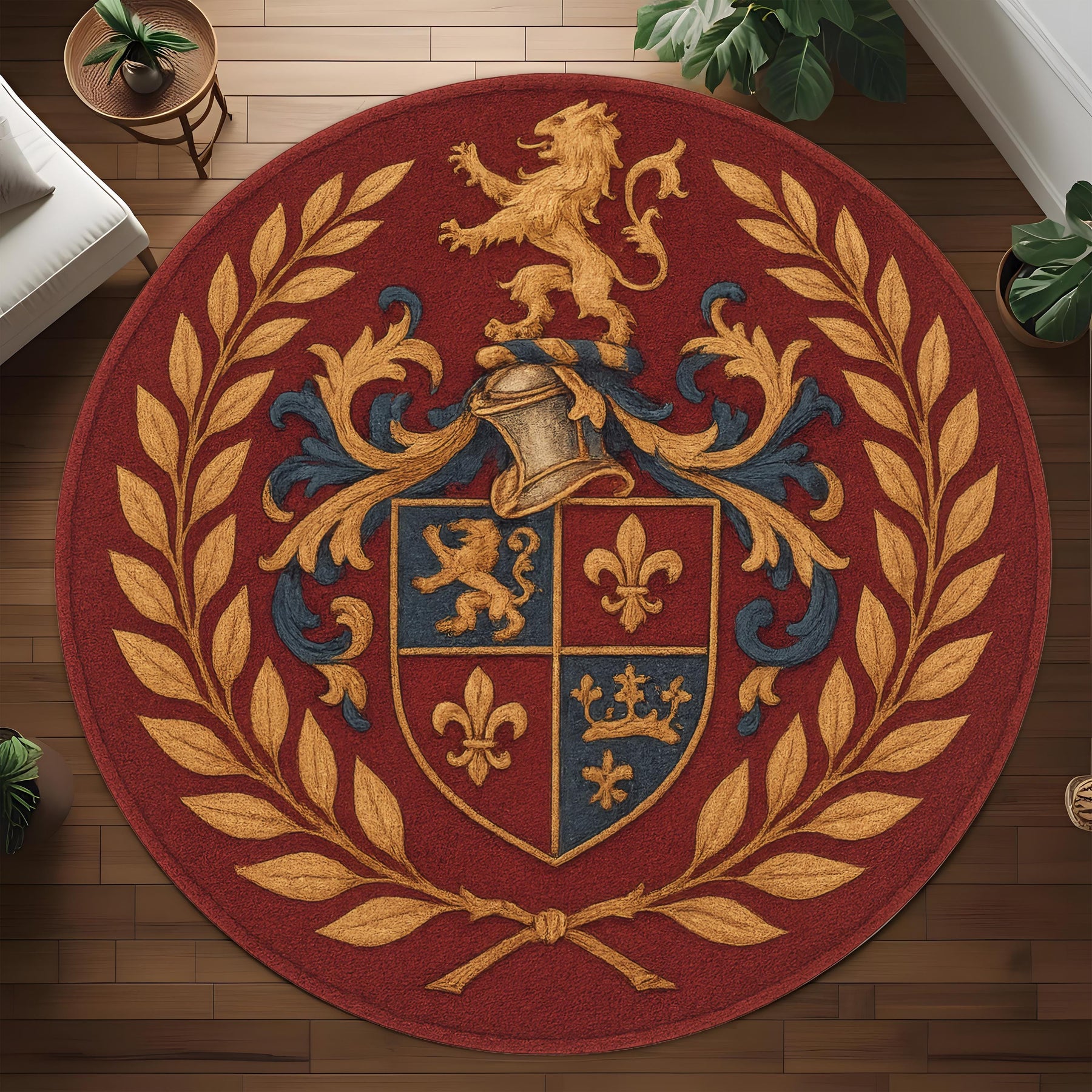 Royal Crest Round Rug: Heraldic Emblem Rug with Medieval Lion and Crown Symbols in Regal Red and Gold Palette