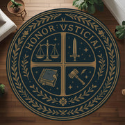 Justice Emblem Round Rug: Honor & Law Crest Carpet with Sword, Gavel, Book and Scales for Office, Library or Medieval Themed Decor