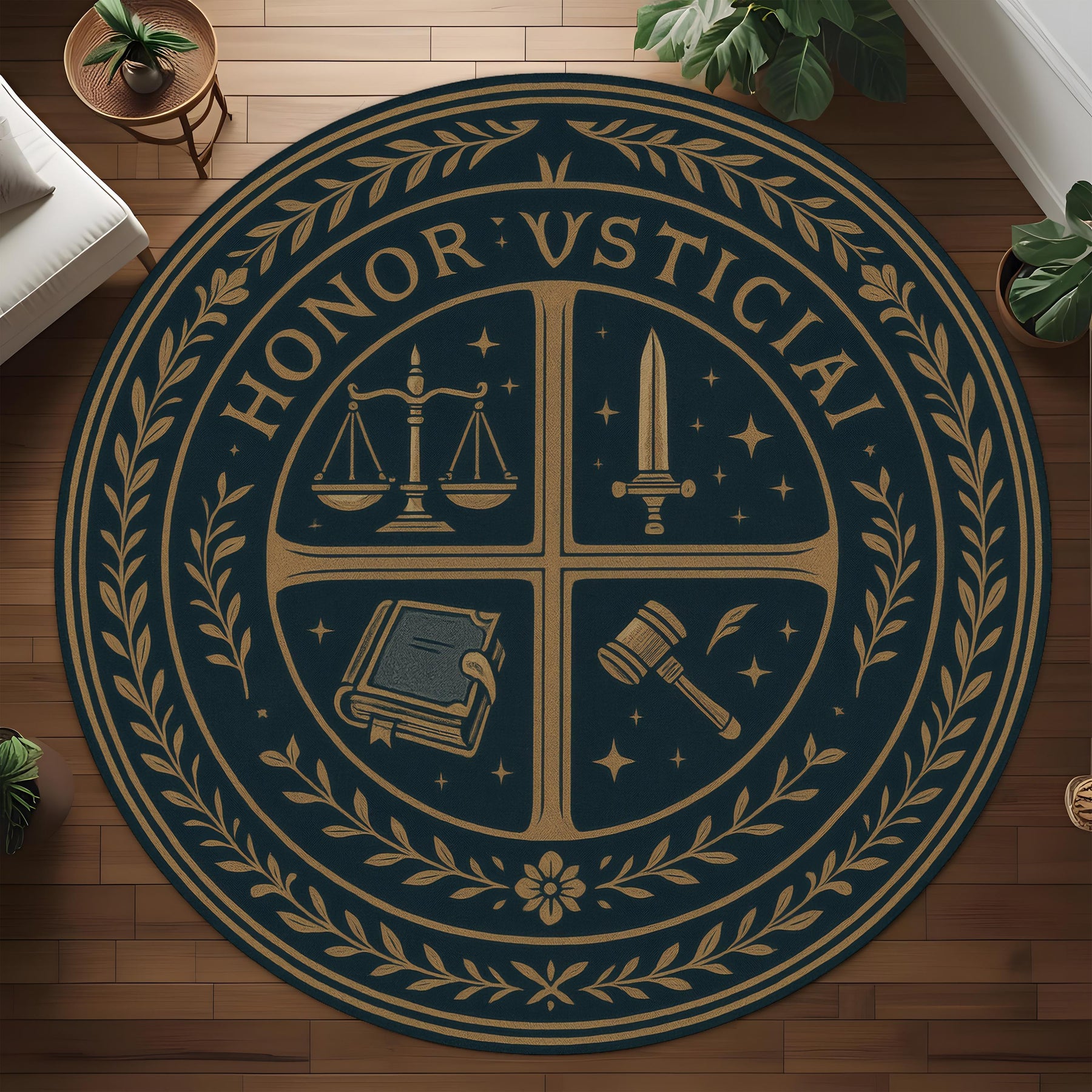 Justice Emblem Round Rug: Honor & Law Crest Carpet with Sword, Gavel, Book and Scales for Office, Library or Medieval Themed Decor