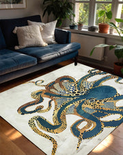 Octopus Coastal Rug, Modern Tentacle Sea Life Carpet, Abstract Marine Animal Decor for Nautical Beach House, Ocean Themed Living Room Accent