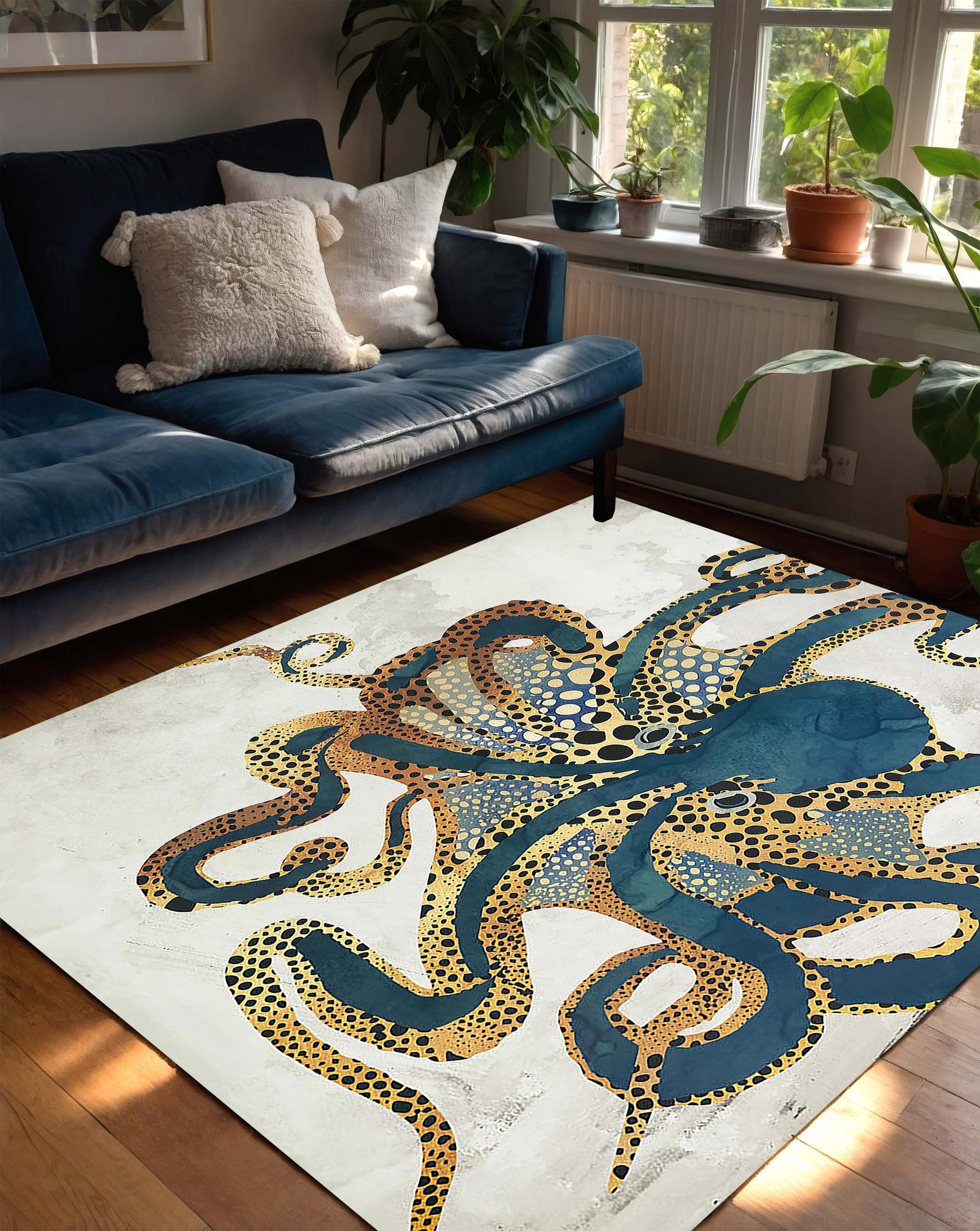 Octopus Coastal Rug, Modern Tentacle Sea Life Carpet, Abstract Marine Animal Decor for Nautical Beach House, Ocean Themed Living Room Accent
