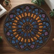 Medieval Tapestry Rose Window Rug: Round Cathedral Stained Glass Design Rug for Artistic or Gothic Interiors