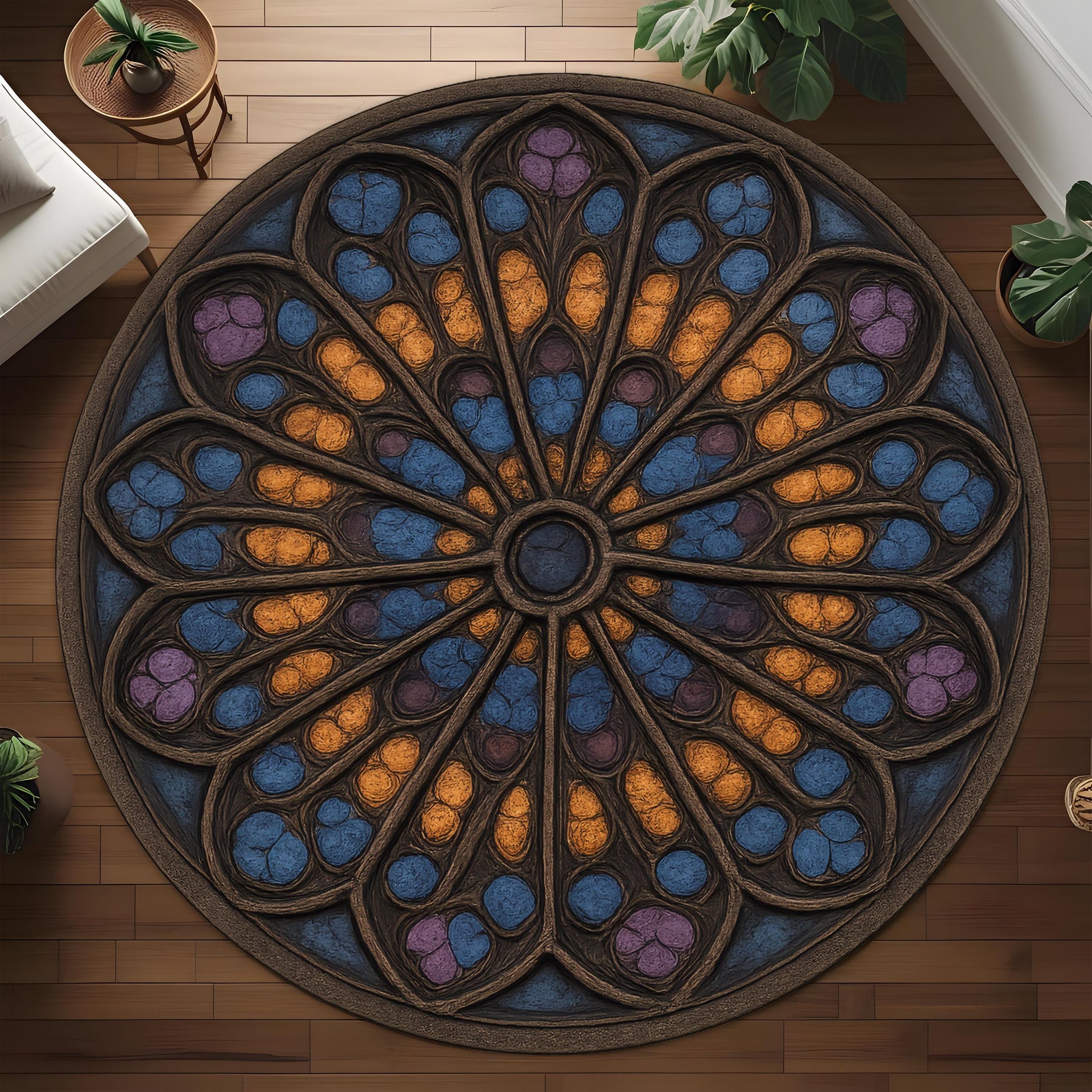 Medieval Tapestry Rose Window Rug: Round Cathedral Stained Glass Design Rug for Artistic or Gothic Interiors