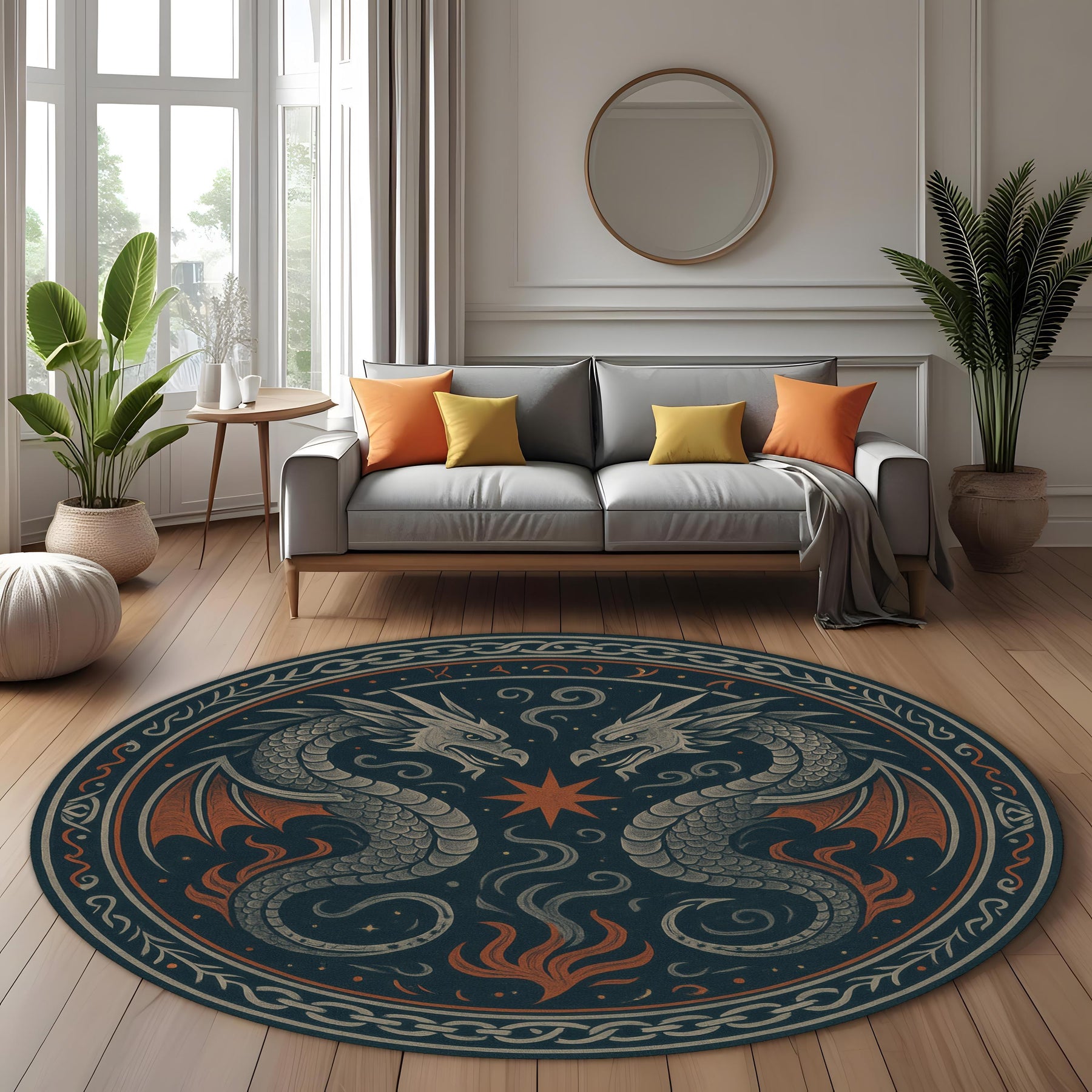 Medieval Tapestry Dragon Rug: Double Serpent Crest Round Rug with Star Symbol for Fantasy and Rustic Interiors