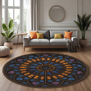 Medieval Tapestry Rose Window Rug: Round Cathedral Stained Glass Design Rug for Artistic or Gothic Interiors