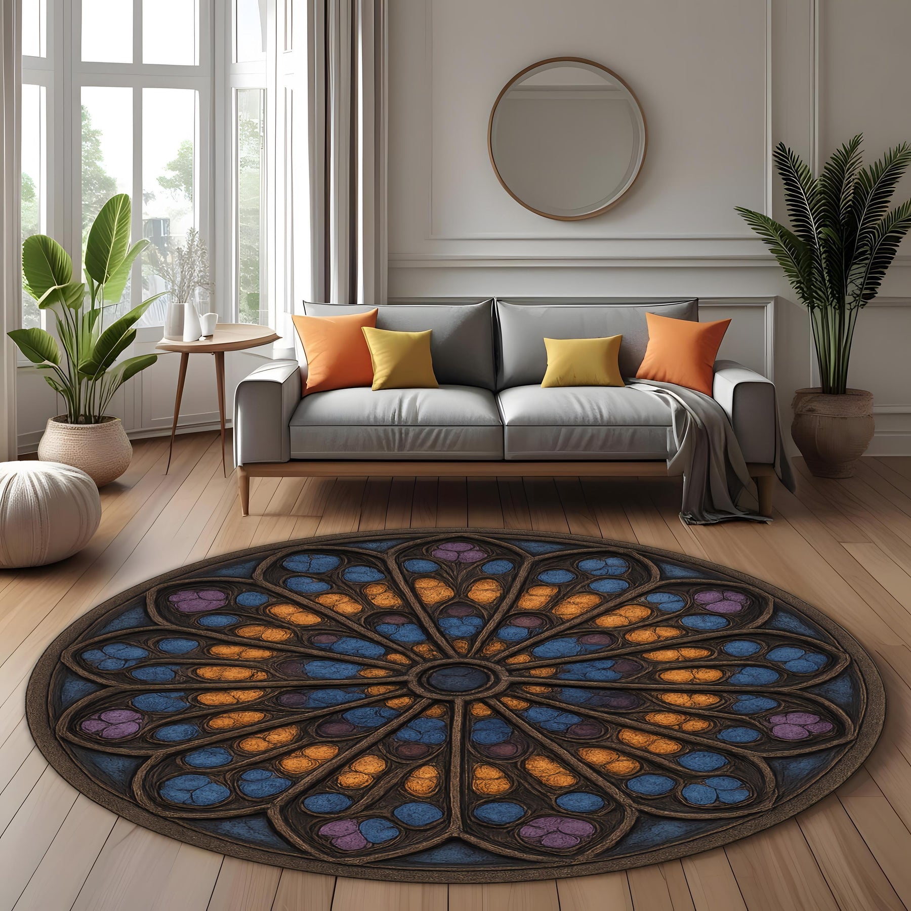 Medieval Tapestry Rose Window Rug: Round Cathedral Stained Glass Design Rug for Artistic or Gothic Interiors