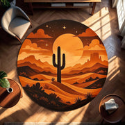 Desert Sunset Round Rug, Southwestern Cactus Floor Art, Retro Western Round Carpet, Warm Earth Tone Boho Rug, Arizona Landscape Decor