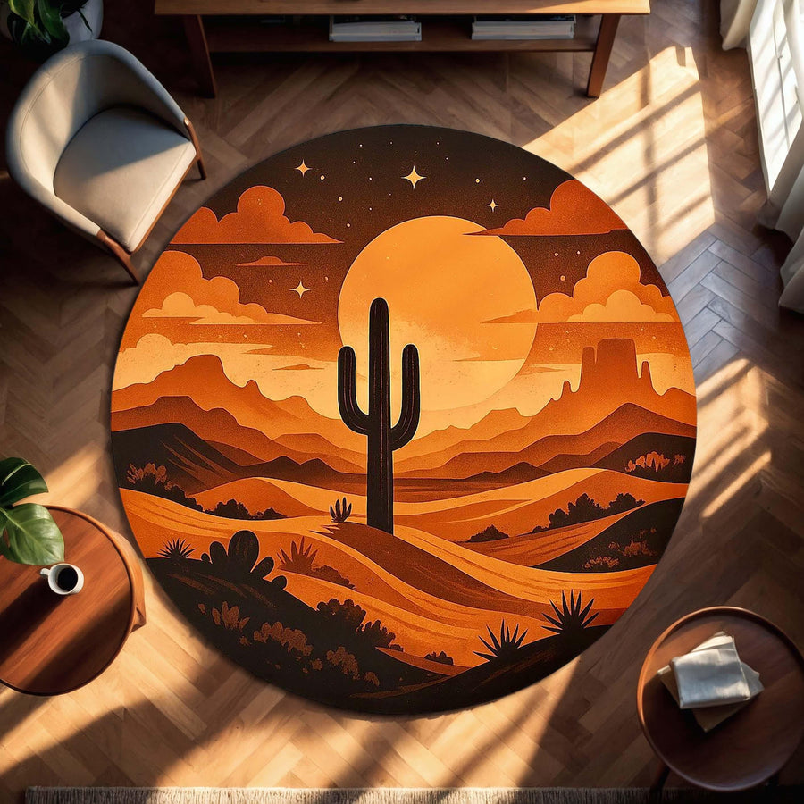 Desert Sunset Round Rug, Southwestern Cactus Floor Art, Retro Western Round Carpet, Warm Earth Tone Boho Rug, Arizona Landscape Decor