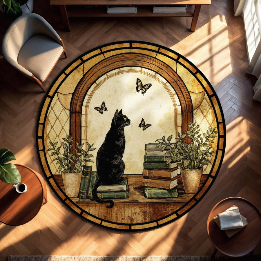 Book Lover Cat Round Rug, Cozy Gothic Library Decor with Black Cat & Books, Dark Academia Gift for Readers, Writers and Home Study Corners