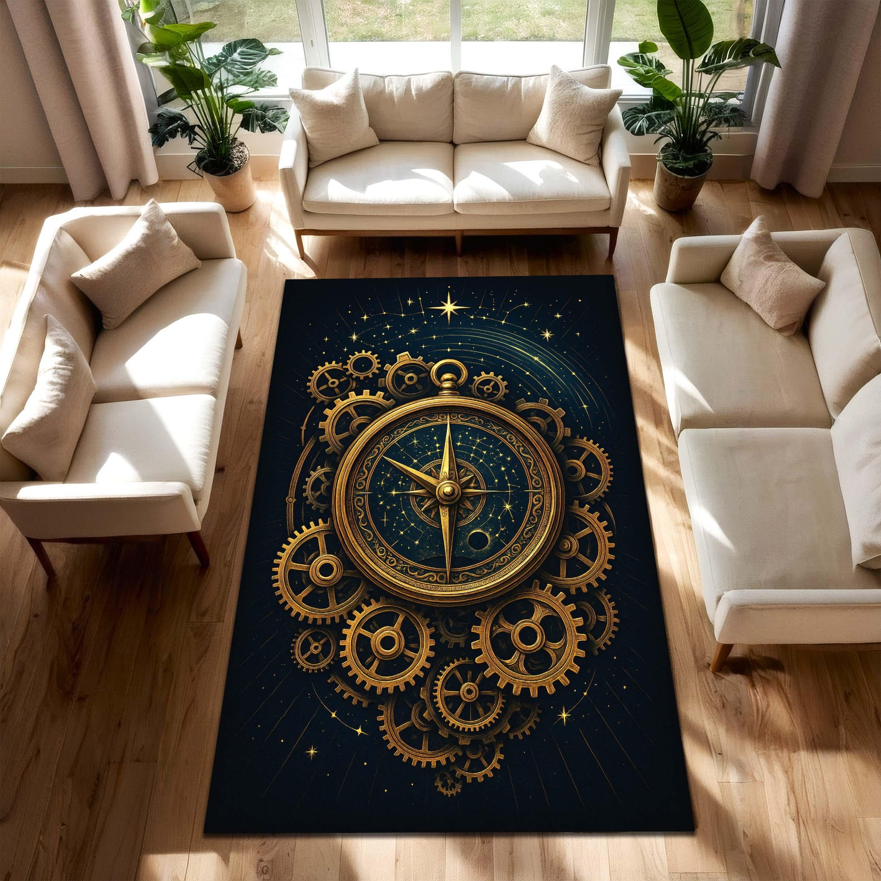 Steampunk Compass Rug, Gold Gear Clockwork Carpet with Celestial Star Design, Cosmic Navigation Theme Rug for Study Room or Modern Library