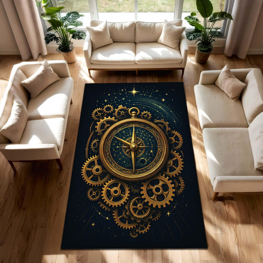 Steampunk Compass Rug, Gold Gear Clockwork Carpet with Celestial Star Design, Cosmic Navigation Theme Rug for Study Room or Modern Library