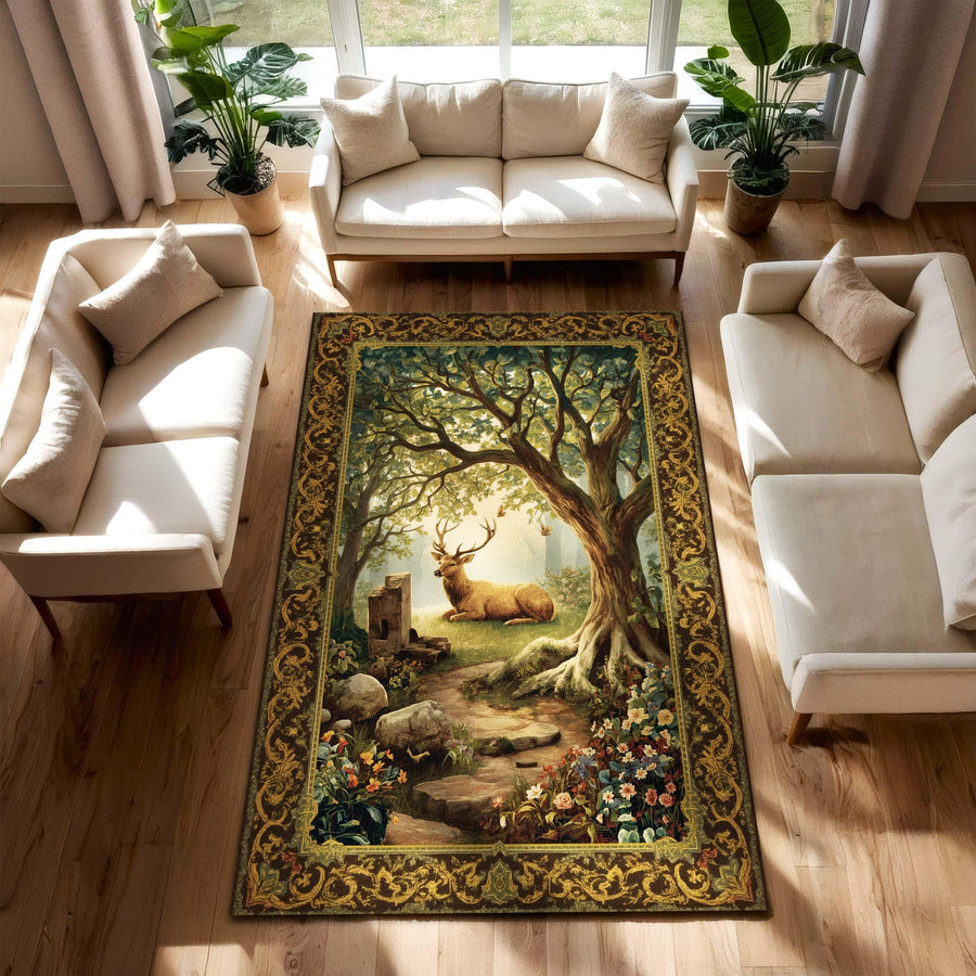 Deer Tapestry Rectangular Rug, Regal Forest Stag Rug, Classical Nature Scene Carpet