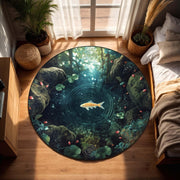 Mystical Fish in Forest Water Carpet | Dreaming Pond Round Rug | Zen Nature Inspired Tapestry Rug for Peaceful Living Spaces