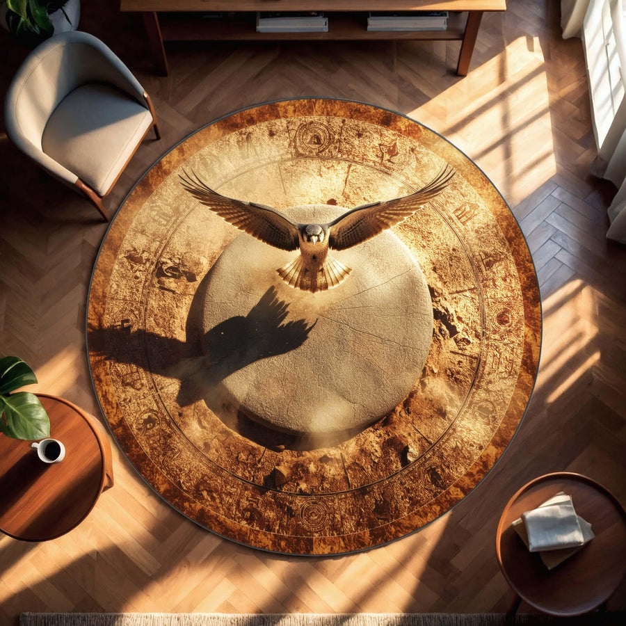 Falcon of the Sun Round Rug | Ancient Symbolism Carpet with Desert Tones | Mystical Eagle Rug for History & Fantasy Inspired Decor