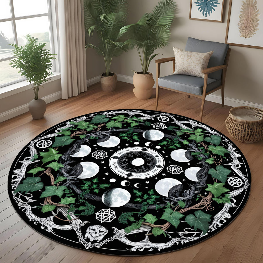 Dark Botanical Moon Phase Round Rug, Witchy Botanical Circle Carpet, Gothic Lunar Altar Decor