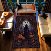 Dark Witch Halloween Rug with Moonlight and Pumpkins, Spooky Gothic Carpet for Witchy Living Room, Haunted House or Mystical Home Carpet