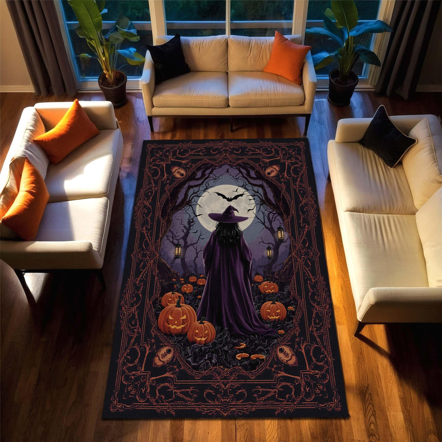 Dark Witch Halloween Rug with Moonlight and Pumpkins, Spooky Gothic Carpet for Witchy Living Room, Haunted House or Mystical Home Carpet