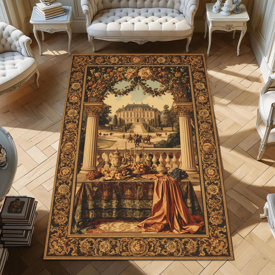 Vintage French Style Rug With Château Picnic Scene, Baroque Fruit Table Print, Antique Tapestry Look Rug For Elegant Country Kitchens
