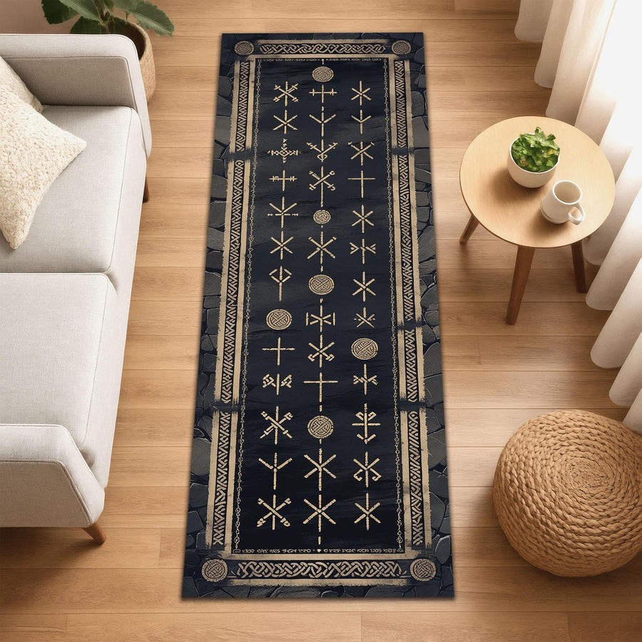 Viking Rune Runner Rug, Nordic Symbol Carpet, Norse Pagan Hallway Rug, Dark Scandinavian Decor Rug, Mysterious Rune Pathway Rug