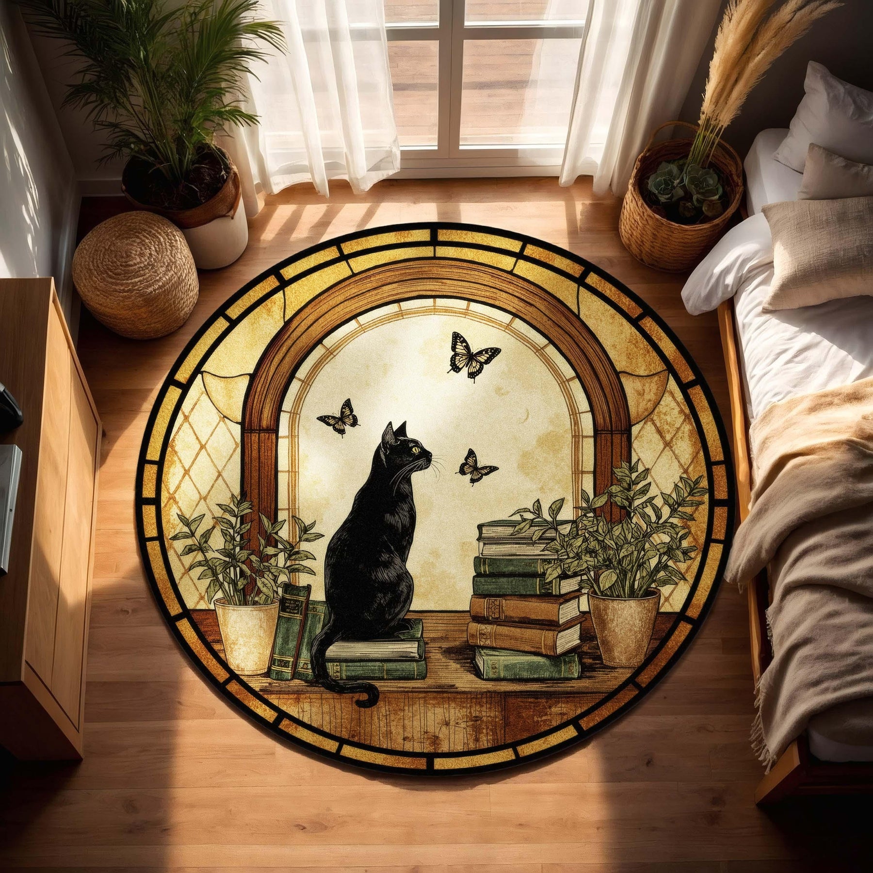 Book Lover Cat Round Rug, Cozy Gothic Library Decor with Black Cat & Books, Dark Academia Gift for Readers, Writers and Home Study Corners