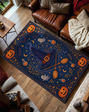 Witch Hat Halloween Rug, Blue Magic Carpet with Broomsticks, Potions and Ghosts, Spooky Witchy Tapestry for Fall Goth Room or Kids Decor