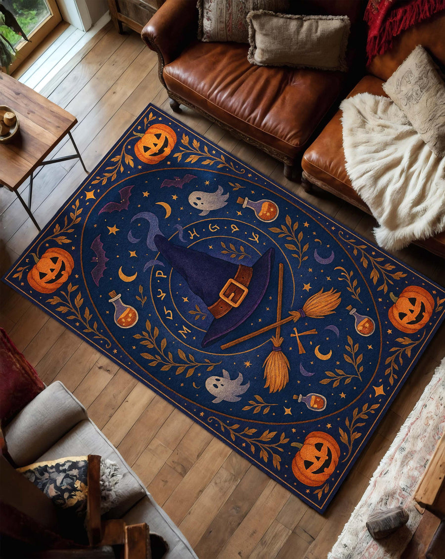 Witch Hat Halloween Rug, Blue Magic Carpet with Broomsticks, Potions and Ghosts, Spooky Witchy Tapestry for Fall Goth Room or Kids Decor