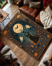 Halloween Cat Rug, Witchy Carpet with Ghosts and Pumpkins, Spooky Black Cat Area Rug for Living Room Kids Room or Magical Fall Decor