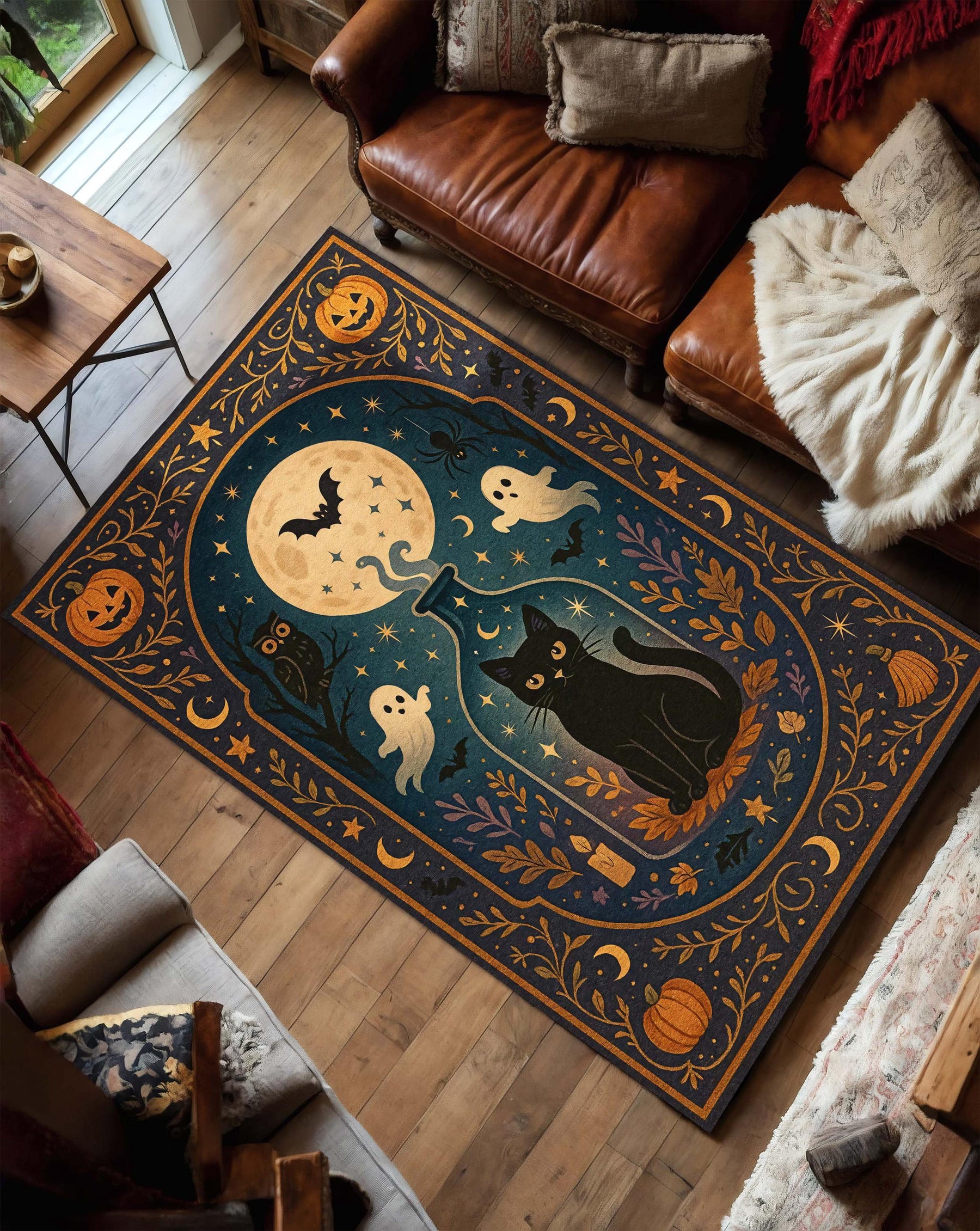 Halloween Cat Rug, Witchy Carpet with Ghosts and Pumpkins, Spooky Black Cat Area Rug for Living Room Kids Room or Magical Fall Decor