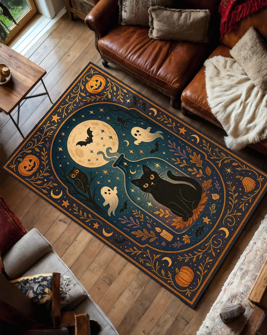 Halloween Cat Rug, Witchy Carpet with Ghosts and Pumpkins, Spooky Black Cat Area Rug for Living Room Kids Room or Magical Fall Decor