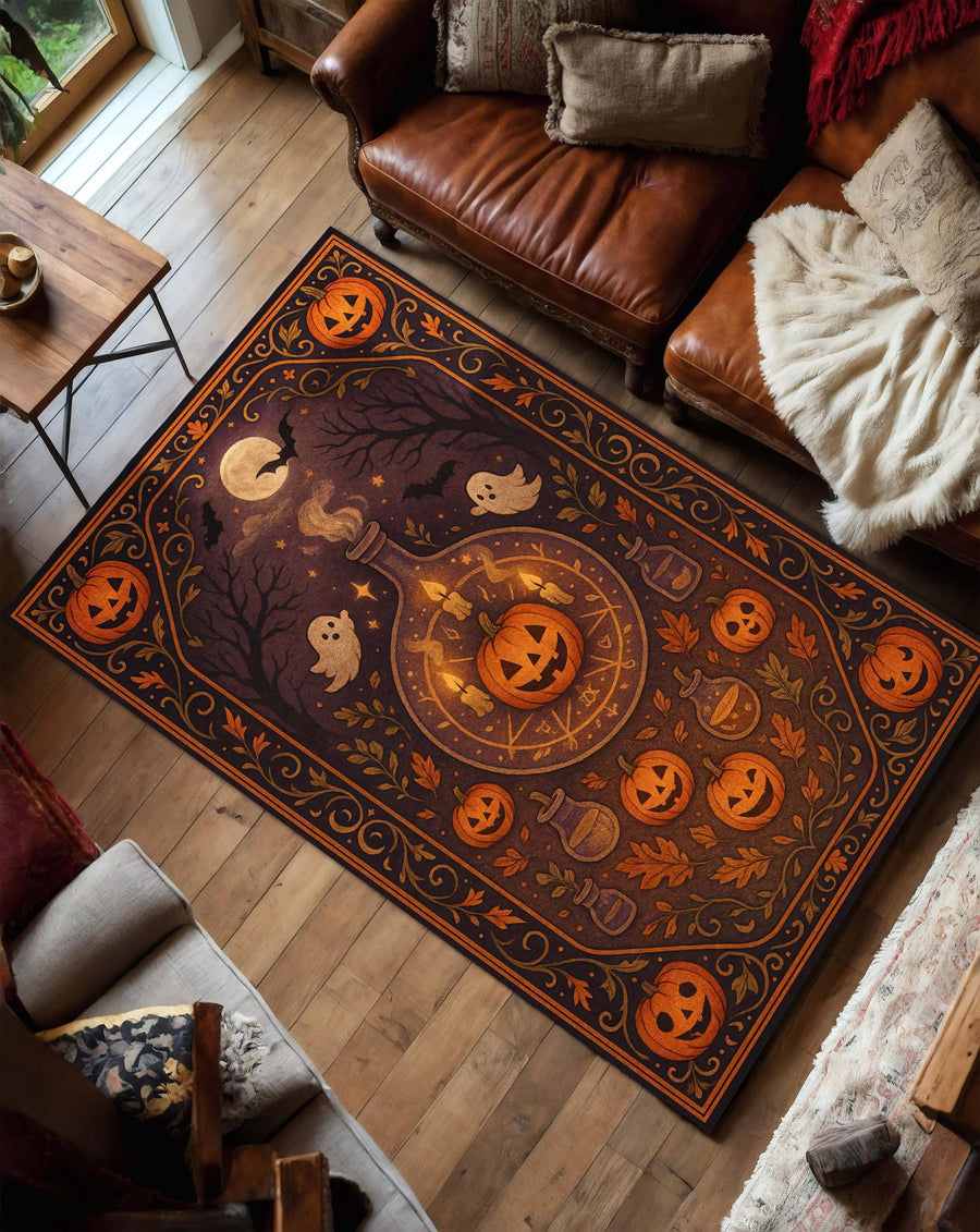 Halloween Pumpkin Rug with Magic Potion Bottles and Jack-O'-Lanterns, Witchy Area Rug for Spooky Fall Living Room or Kids Room Decor