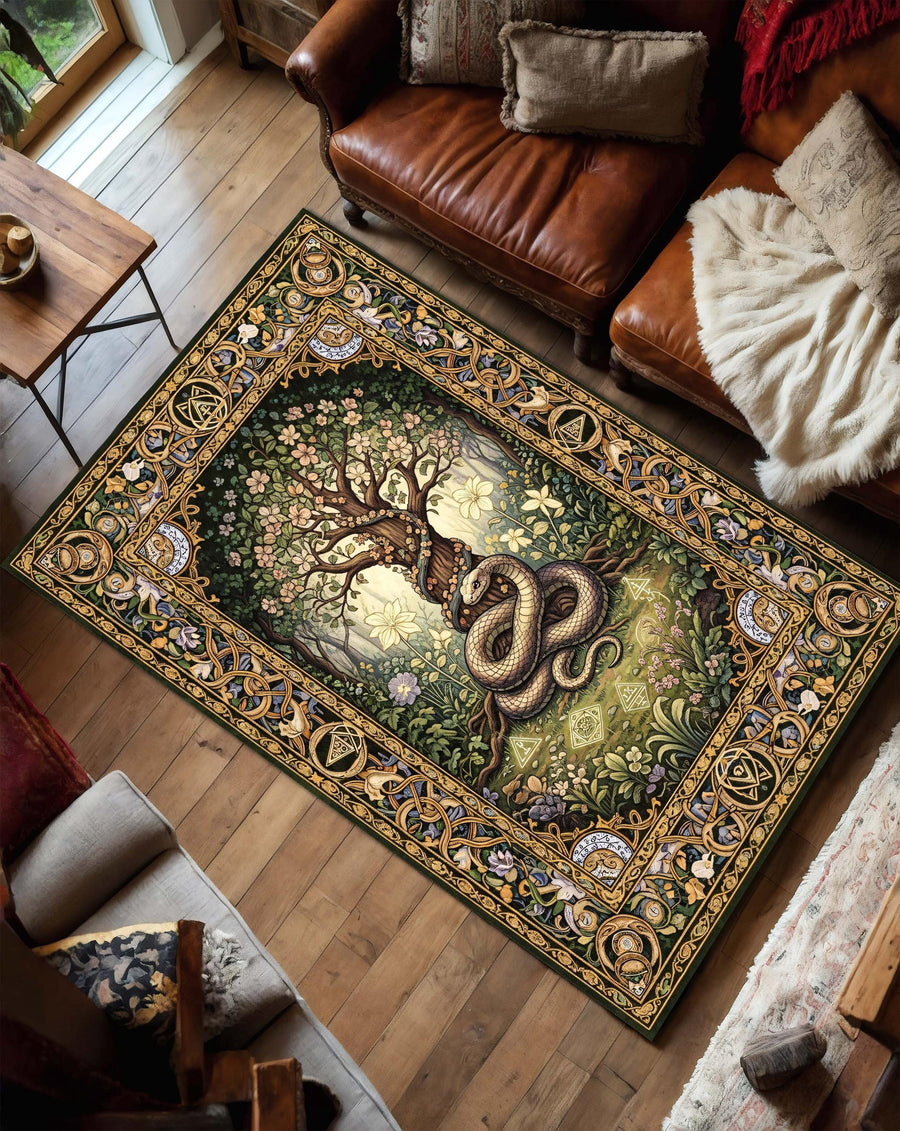 Snake Tree Tapestry Rug, Mythical Forest Carpet, Celtic Serpent Area Rug, Magic Garden Gothic Rug, Fantasy Nature Mat, Washable Fantasy Rug