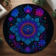 Neon Mandala Round Rug: Psychedelic Floral Pattern with Radiant Glow, Spiritual Boho Carpet for Living Room or Meditation Space