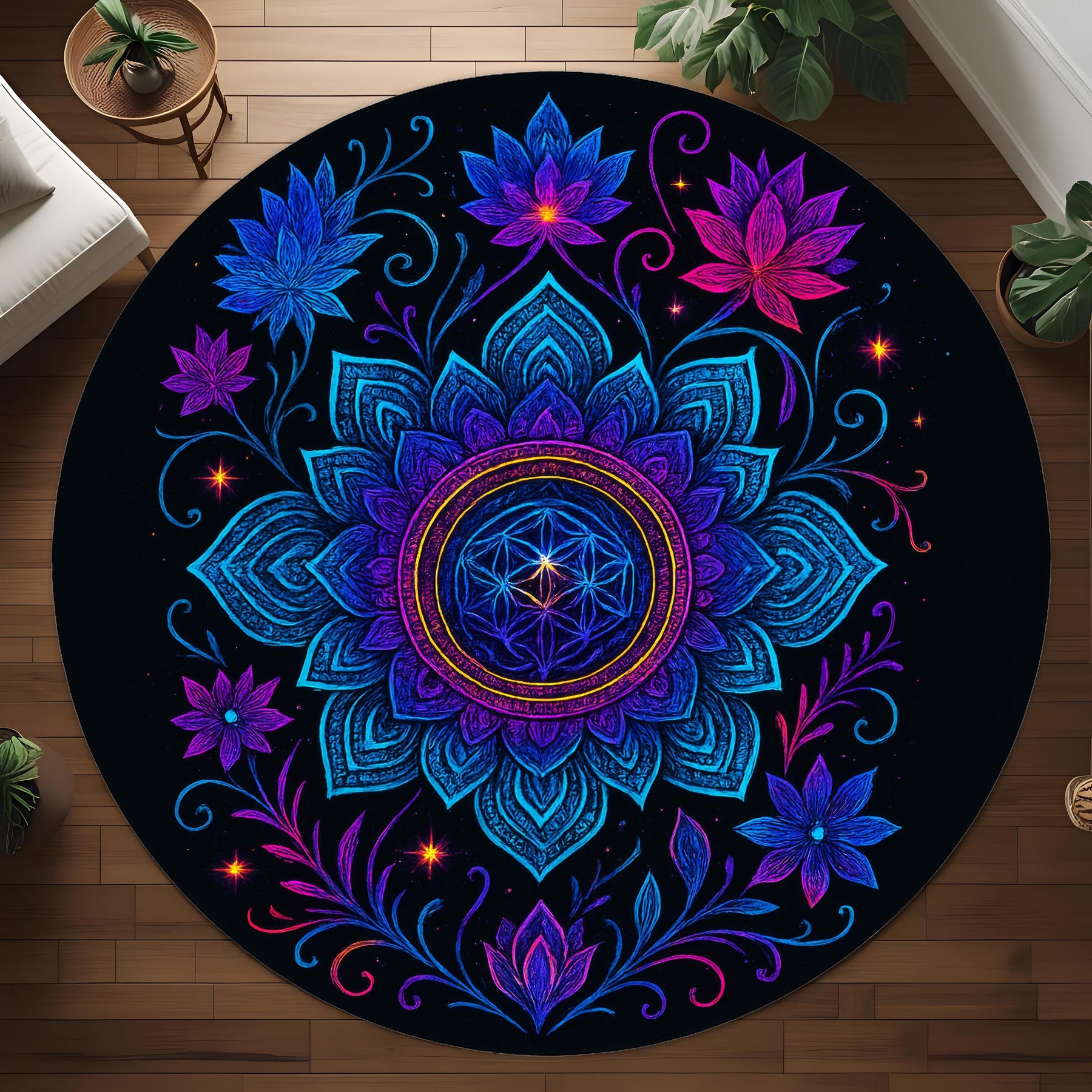 Neon Mandala Round Rug: Psychedelic Floral Pattern with Radiant Glow, Spiritual Boho Carpet for Living Room or Meditation Space