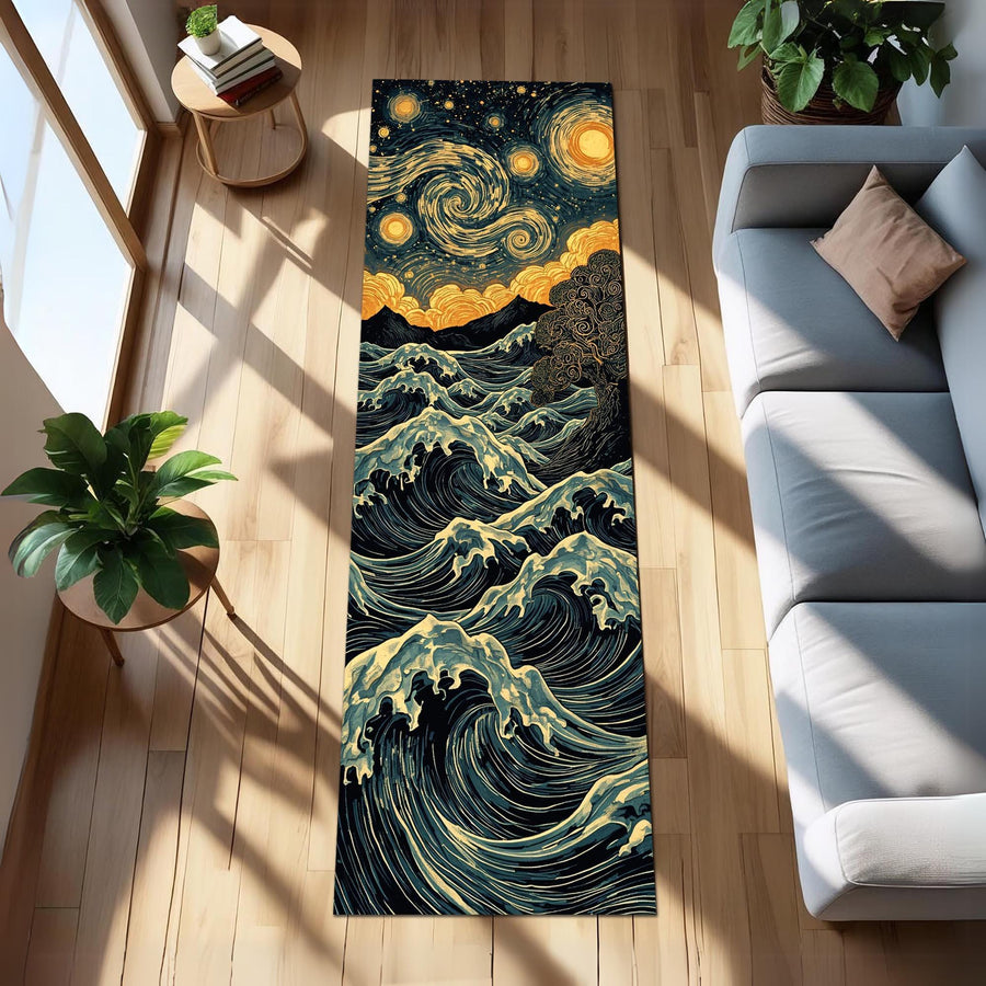 Starry Night Wave Runner Rug, Van Gogh Inspired Ocean Carpet with Swirling Sky and Crashing Waves, Artistic Fantasy Runner for Hallway Decor