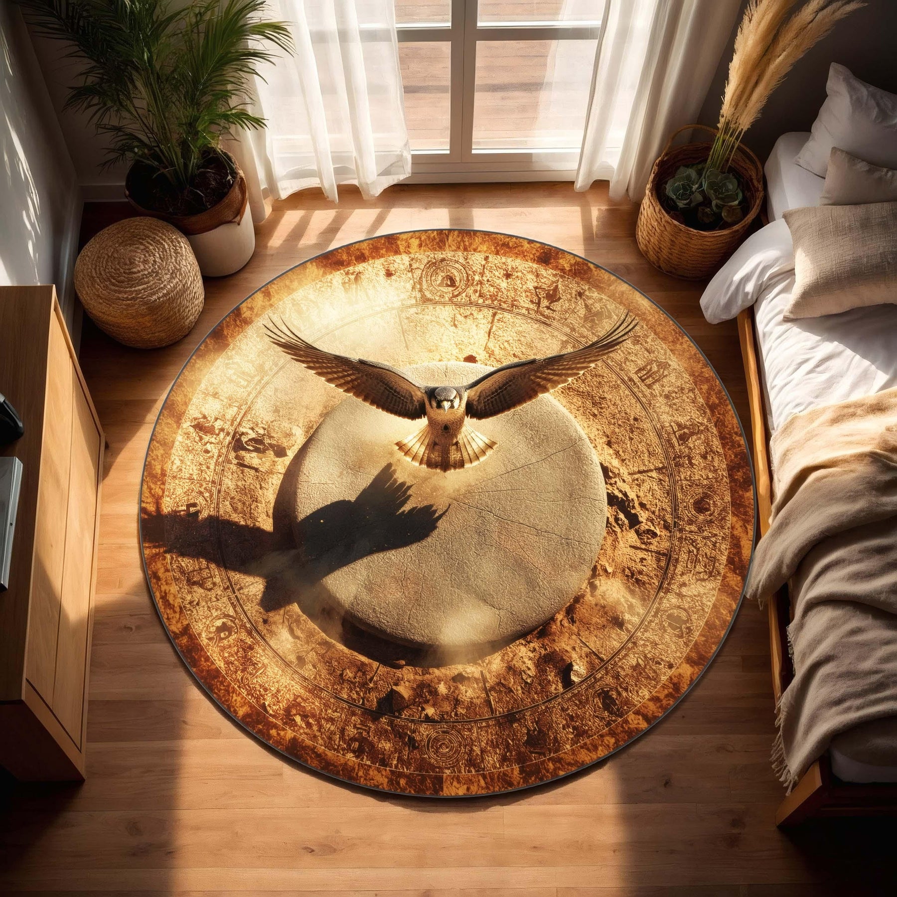 Falcon of the Sun Round Rug | Ancient Symbolism Carpet with Desert Tones | Mystical Eagle Rug for History & Fantasy Inspired Decor