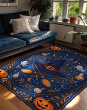 Witch Hat Halloween Rug, Blue Magic Carpet with Broomsticks, Potions and Ghosts, Spooky Witchy Tapestry for Fall Goth Room or Kids Decor
