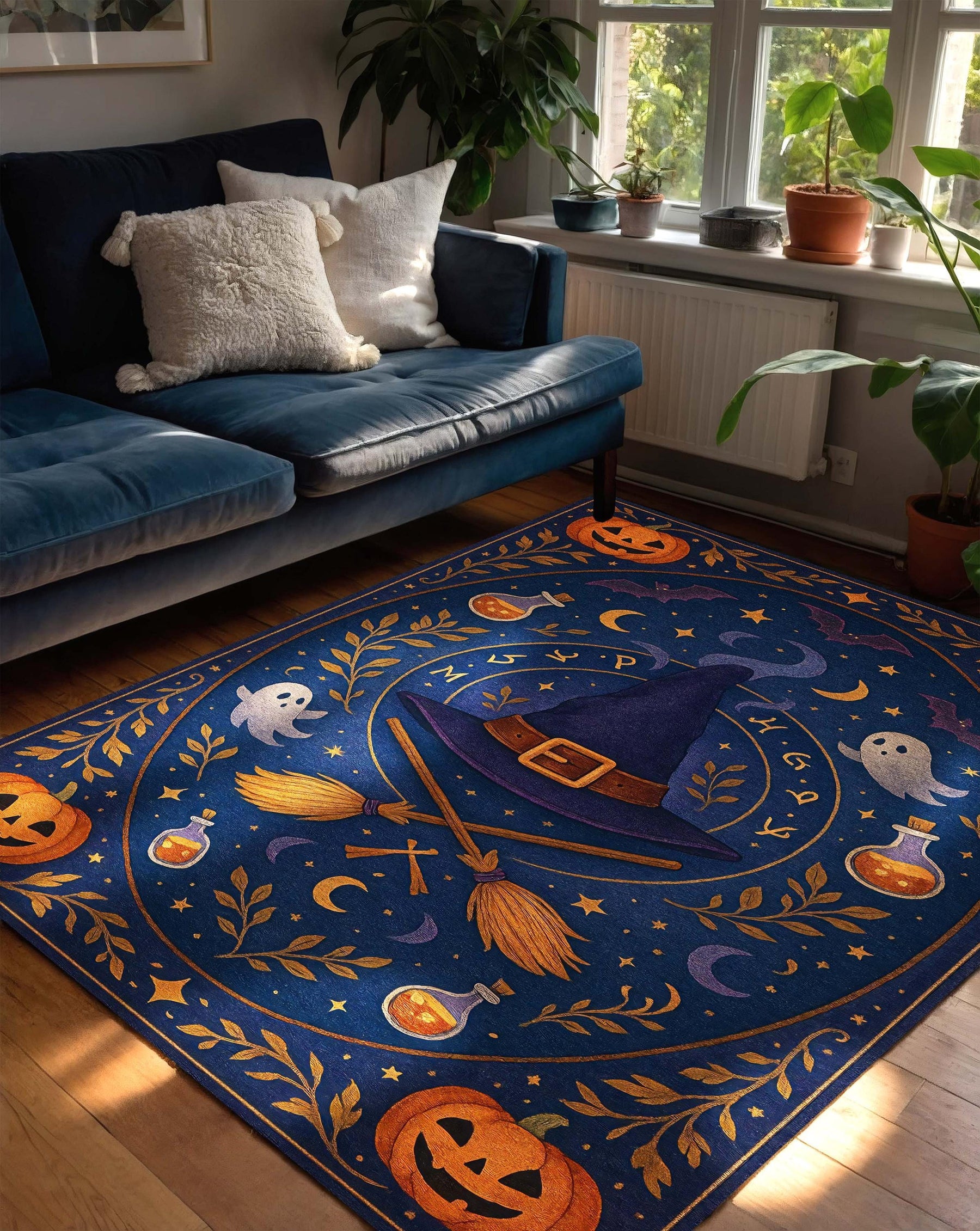 Witch Hat Halloween Rug, Blue Magic Carpet with Broomsticks, Potions and Ghosts, Spooky Witchy Tapestry for Fall Goth Room or Kids Decor