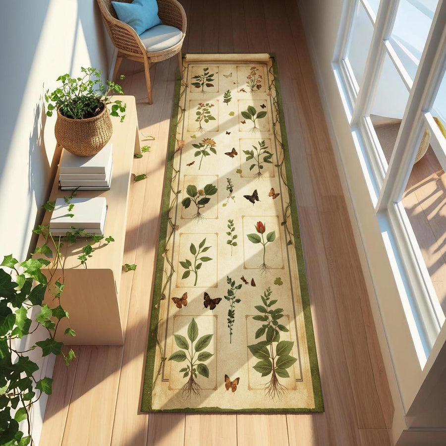 Botanical Runner Rug with Vintage Plant & Butterfly Illustrations, Cottagecore Hallway or Kitchen Decor, Nature Themed Herbarium Runner Rug