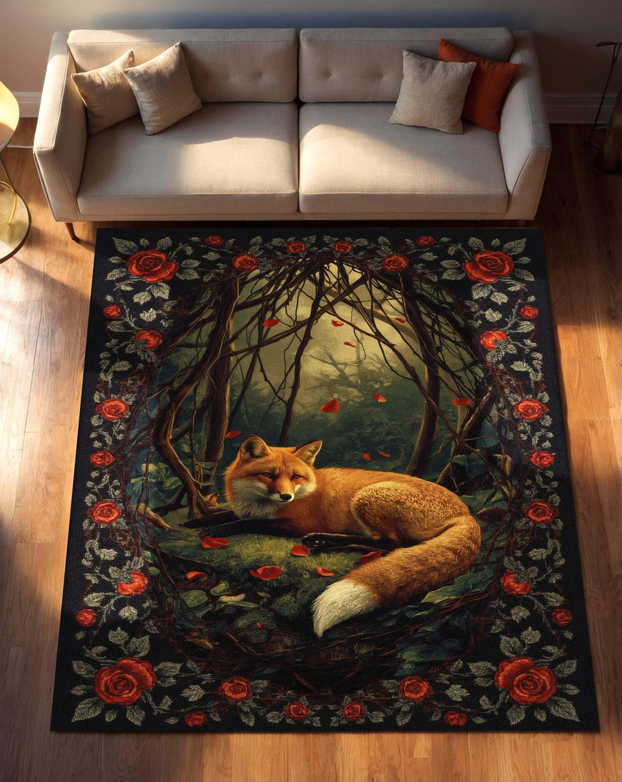 Whimsical Fox Forest Area Rug with Red Roses, Rustic Cottagecore Home Decor Carpet