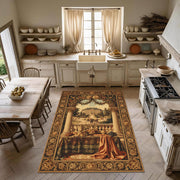 Vintage French Style Rug With Château Picnic Scene, Baroque Fruit Table Print, Antique Tapestry Look Rug For Elegant Country Kitchens