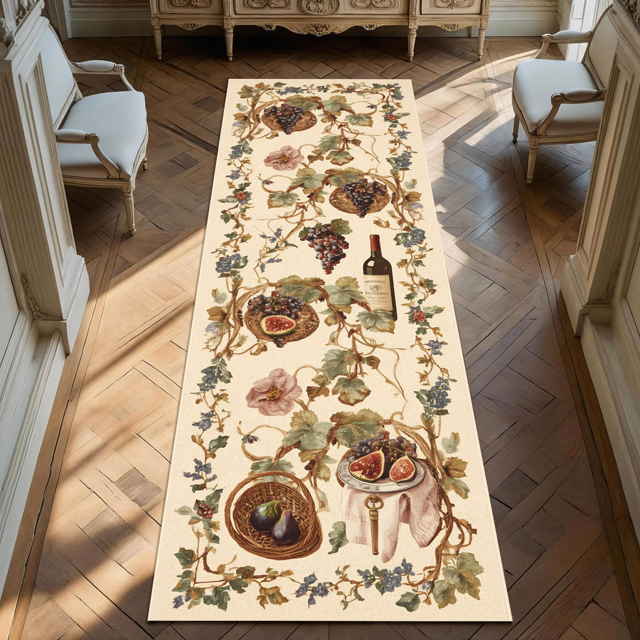 French Country Runner Rug, Châteaucore Kitchen Mat, Vintage Style Floral Hallway Rug, Heirloom Style Wine & Fruit Decor, Elegant Narrow Rug
