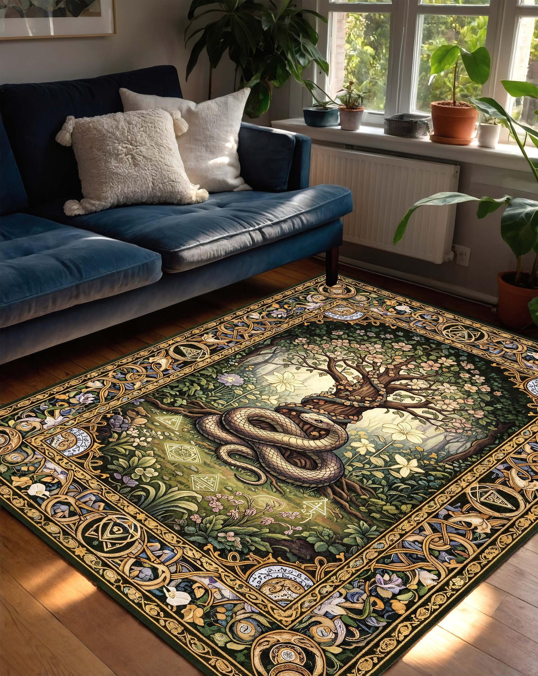 Snake Tree Tapestry Rug, Mythical Forest Carpet, Celtic Serpent Area Rug, Magic Garden Gothic Rug, Fantasy Nature Mat, Washable Fantasy Rug