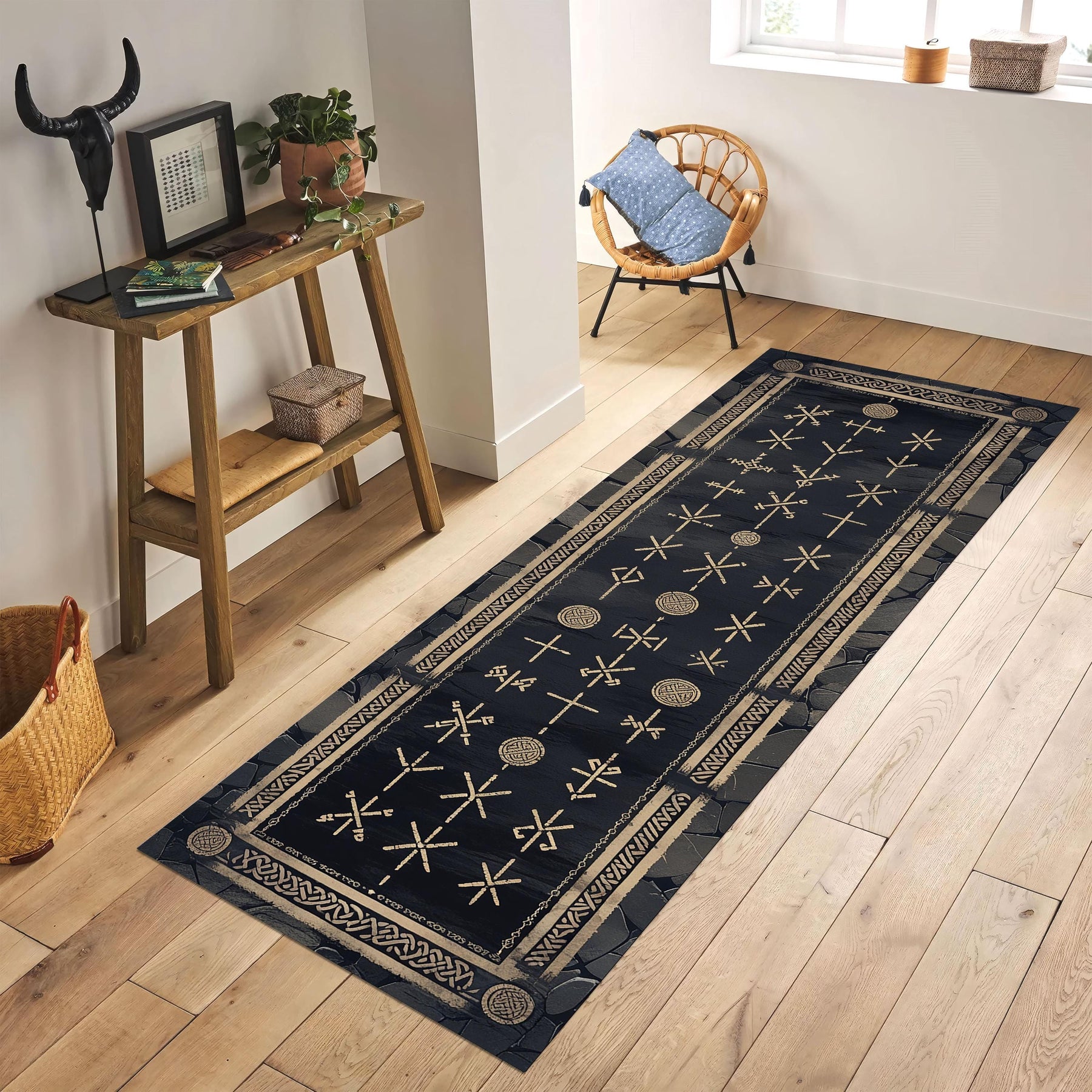 Viking Rune Runner Rug, Nordic Symbol Carpet, Norse Pagan Hallway Rug, Dark Scandinavian Decor Rug, Mysterious Rune Pathway Rug