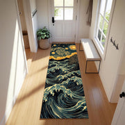 Starry Night Wave Runner Rug, Van Gogh Inspired Ocean Carpet with Swirling Sky and Crashing Waves, Artistic Fantasy Runner for Hallway Decor