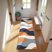 Retro Wave Runner Rug | Bold Mid-Century Modern Carpet with Orange, Navy & Blue Abstract Lines | Graphic Contemporary Hallway Decor