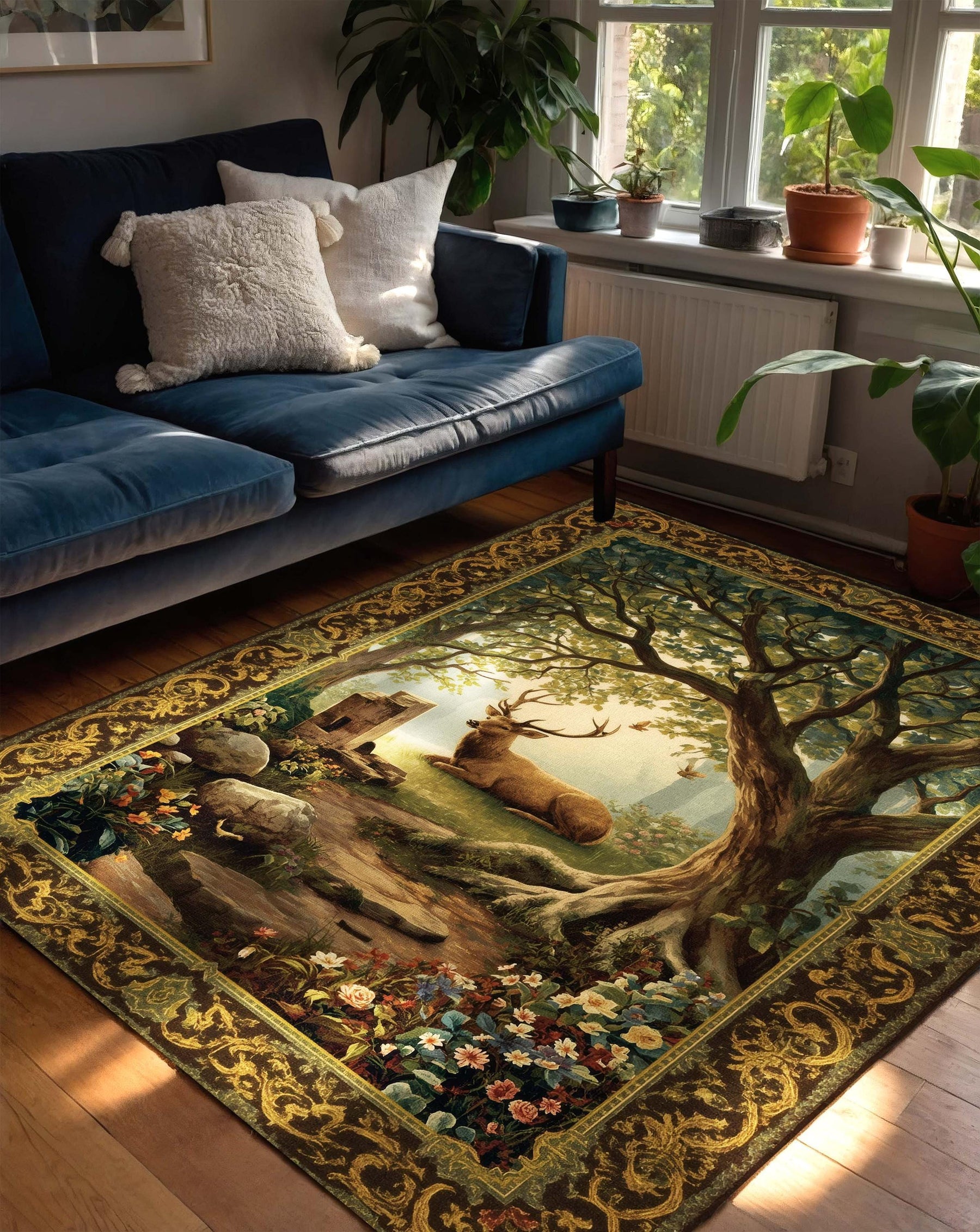 Deer Tapestry Rectangular Rug, Regal Forest Stag Rug, Classical Nature Scene Carpet