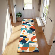 Retro Modern Runner Rug | Colorful Mid-Century Carpet with Bold Geometric Shapes in Orange, Blue & Yellow | Graphic Hallway or Entry Decor