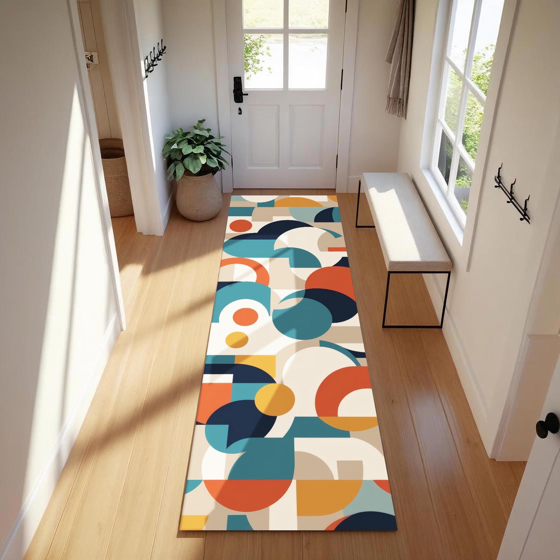 Retro Modern Runner Rug | Colorful Mid-Century Carpet with Bold Geometric Shapes in Orange, Blue & Yellow | Graphic Hallway or Entry Decor