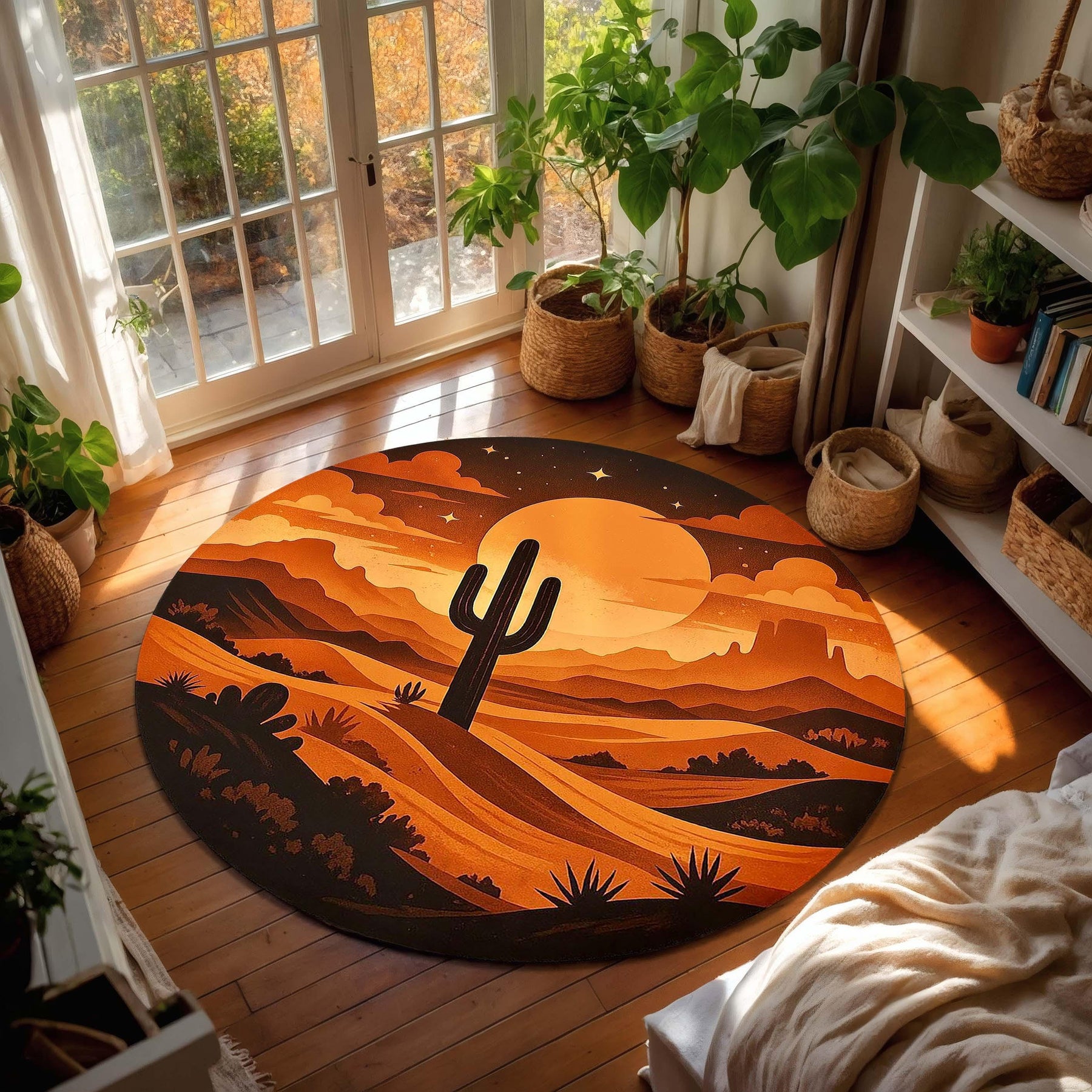Desert Sunset Round Rug, Southwestern Cactus Floor Art, Retro Western Round Carpet, Warm Earth Tone Boho Rug, Arizona Landscape Decor
